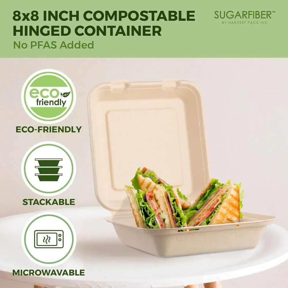 50 Pack 8x8 Compostable Clamshell Food Containers PFAS Free Bagasse Hinged Box
